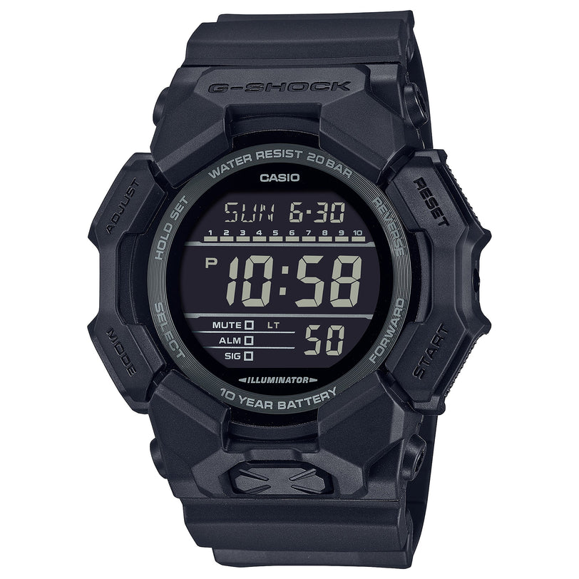 Black Casio G-Shock digital watch with rectangular display, water resist 200 bar rating, and illuminator feature.