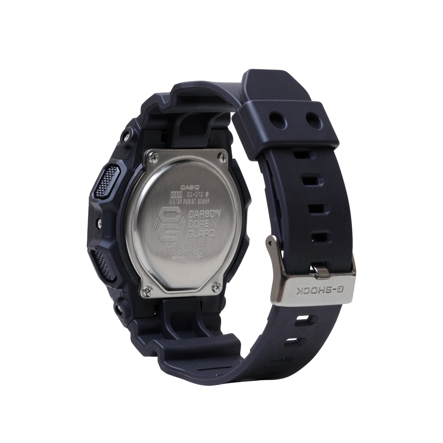 Black digital watch with resin case, rectangular face, metal back plate with Carbon Core Guard branding, and black rubber str
