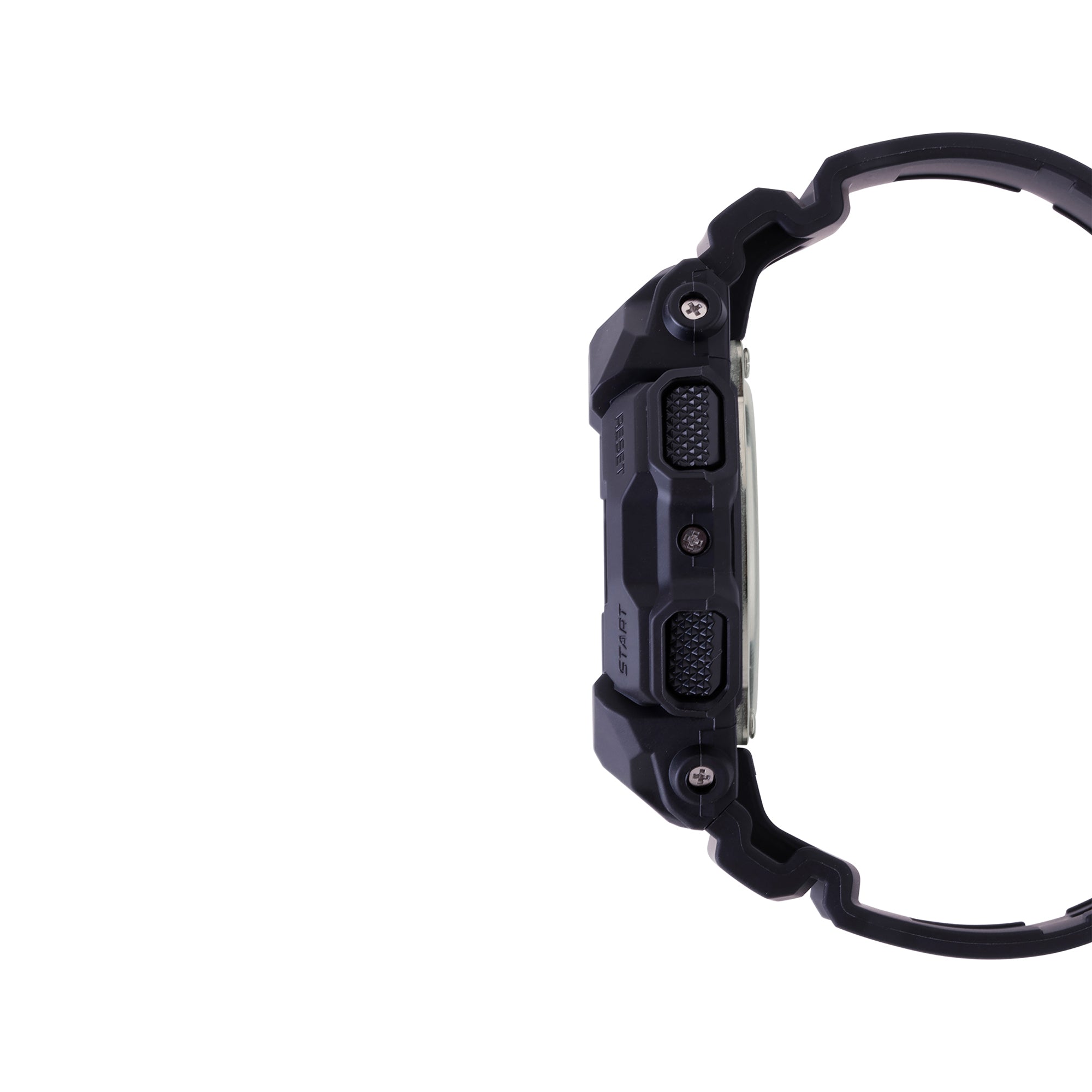 Black resin digital watch with textured buttons and curved band shown from side view.