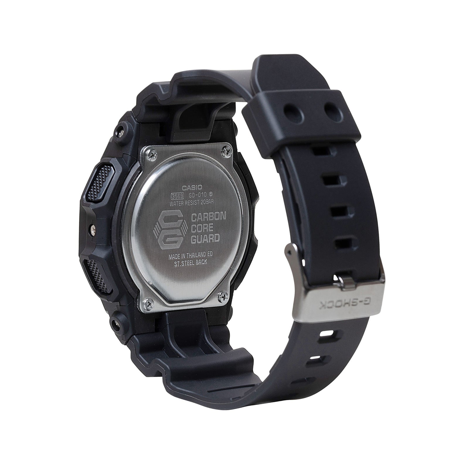 Black digital watch with rectangular face, Carbon Core Guard casing, and black resin band with metal buckle.
