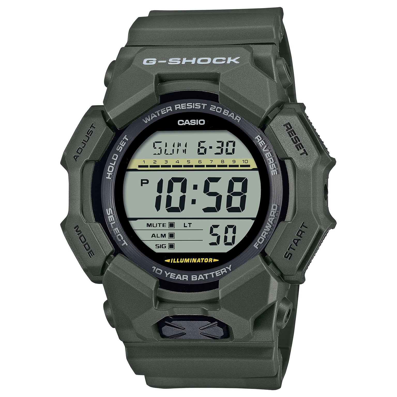 Green G-Shock digital watch with rectangular LCD display showing time, water resistance rating, and illuminator feature.