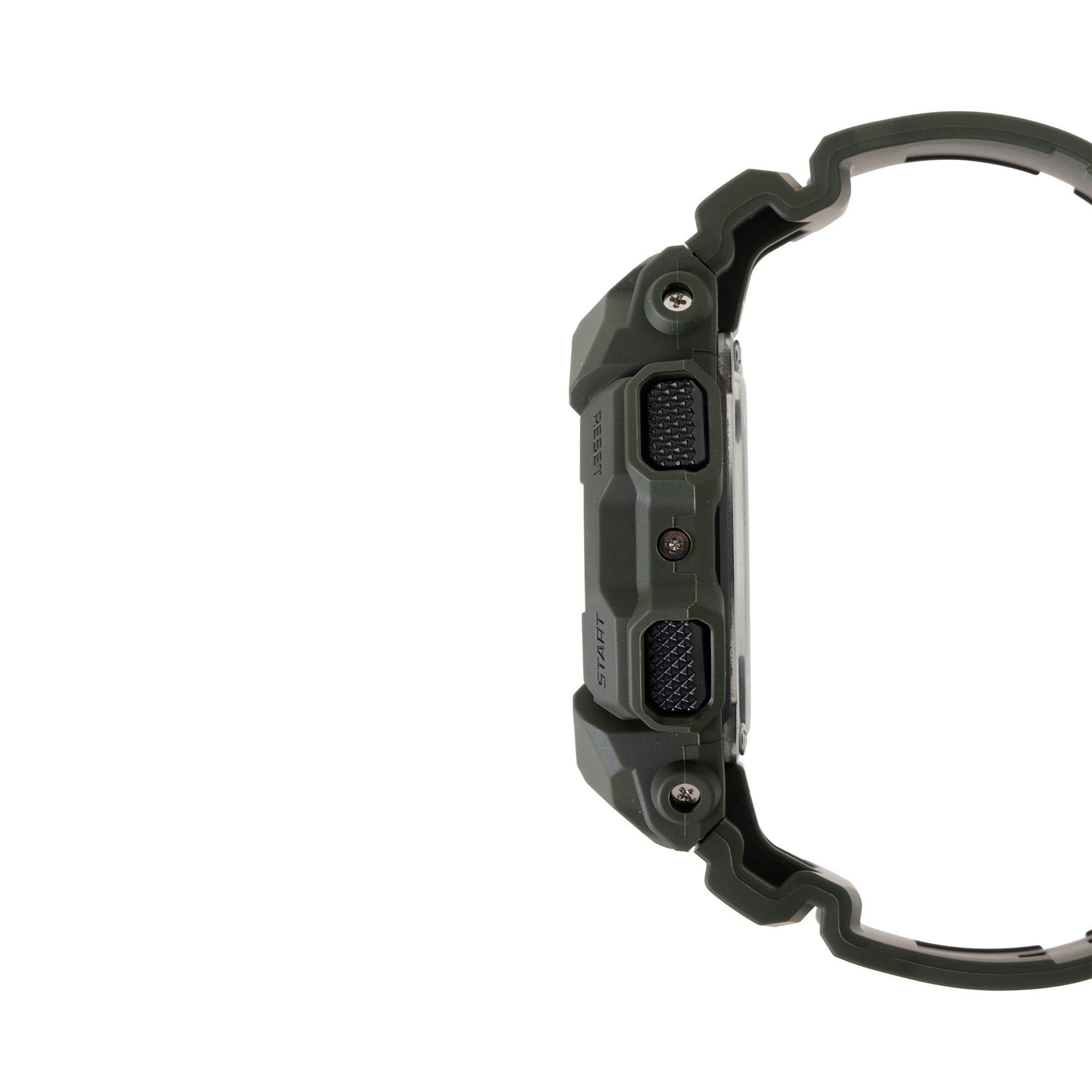 Green resin digital watch with rectangular display and textured side buttons, shown from the side profile.