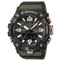 G-Shock Mudmaster analog-digital watch with black carbon case, tan fabric strap, and black dial with white numerals.