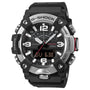 G-Shock Mudmaster watch with black resin band, analog dial with white numerals, digital display, and silver accents.