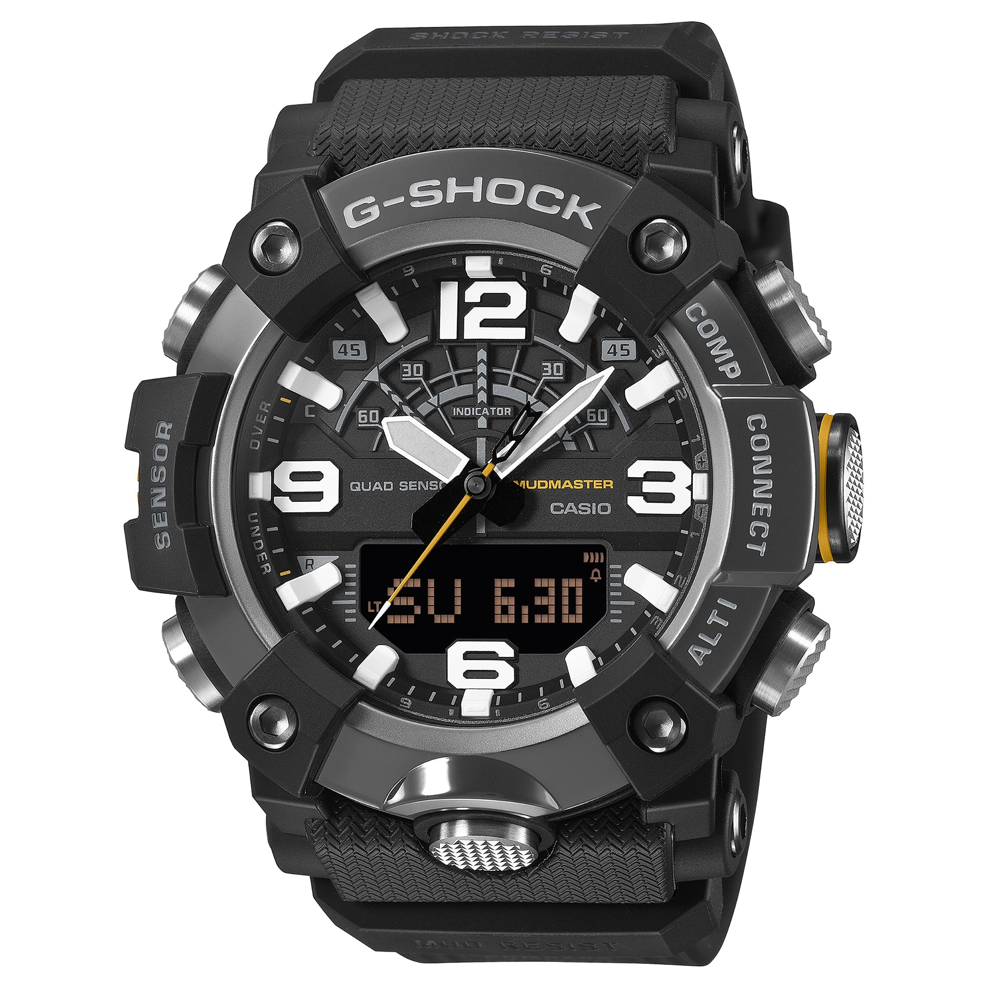 G-Shock Mudmaster black stainless steel watch with analog dial, digital display, and black resin band.