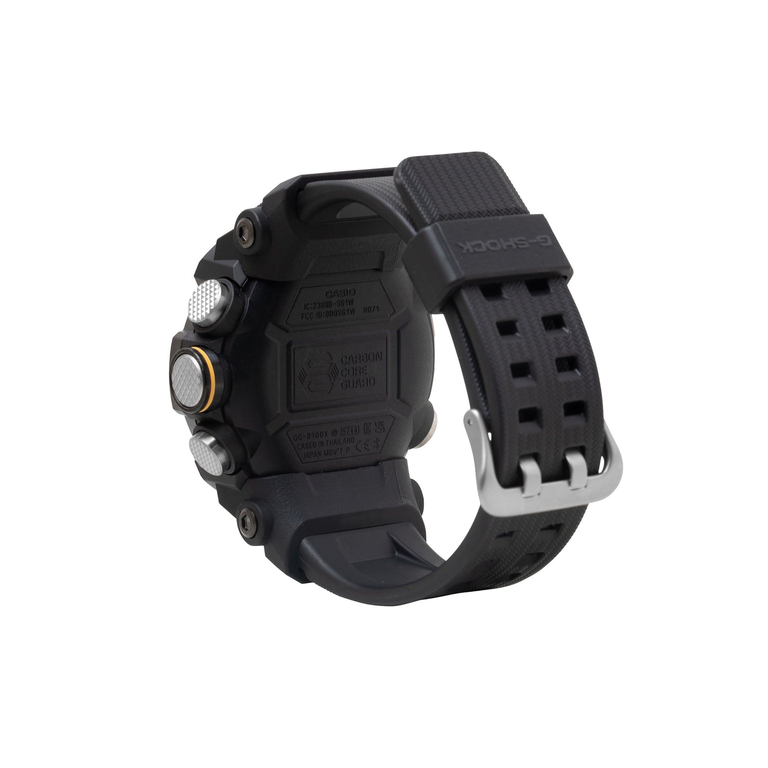 Black digital watch with square face, multiple side buttons, textured rubber band, and metal buckle.