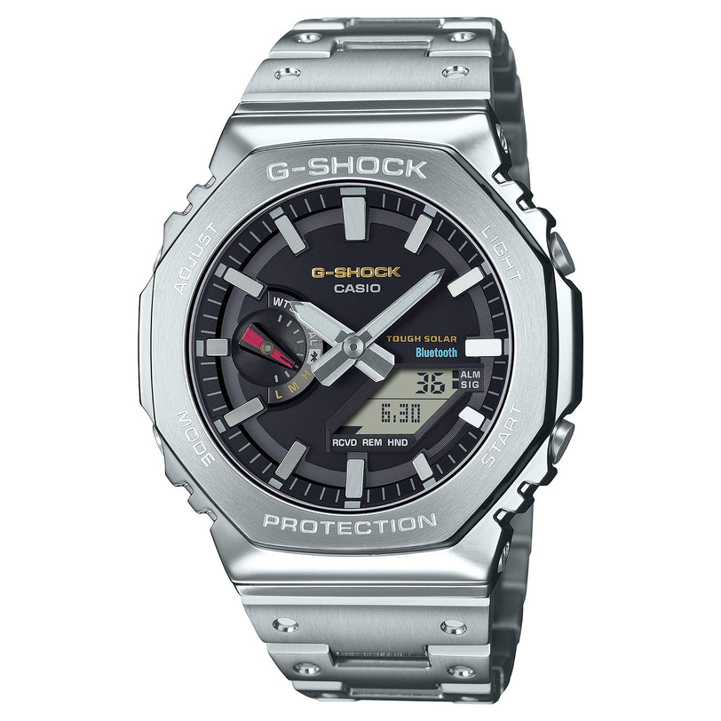 Silver stainless steel G-Shock watch with black dial, solar power, Bluetooth connectivity, and metal band.