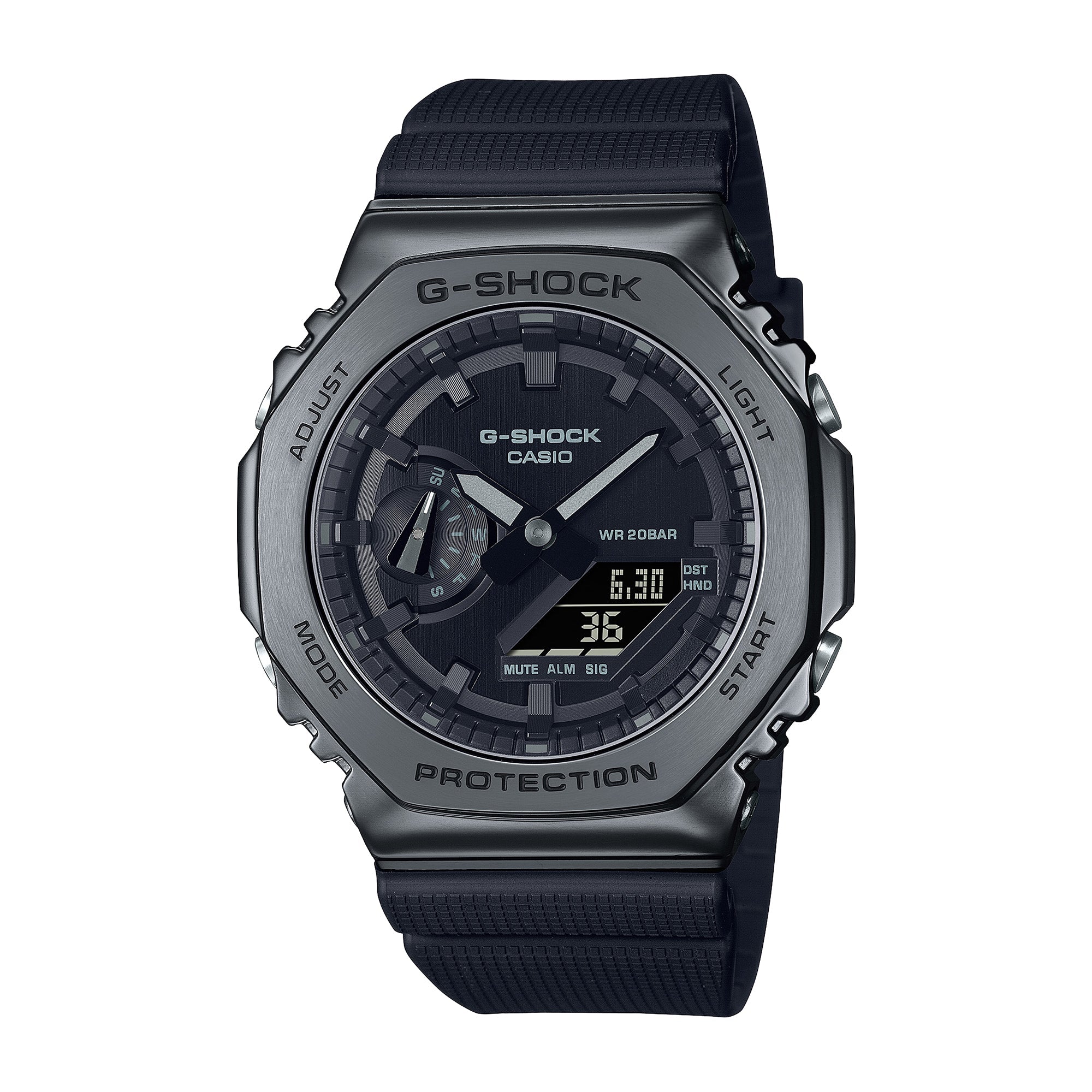 Black G-Shock digital and analog watch with stainless steel bezel, black resin band, and digital display showing time and dat
