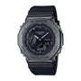 Black G-Shock digital and analog watch with stainless steel bezel, black resin band, and digital display showing time and dat