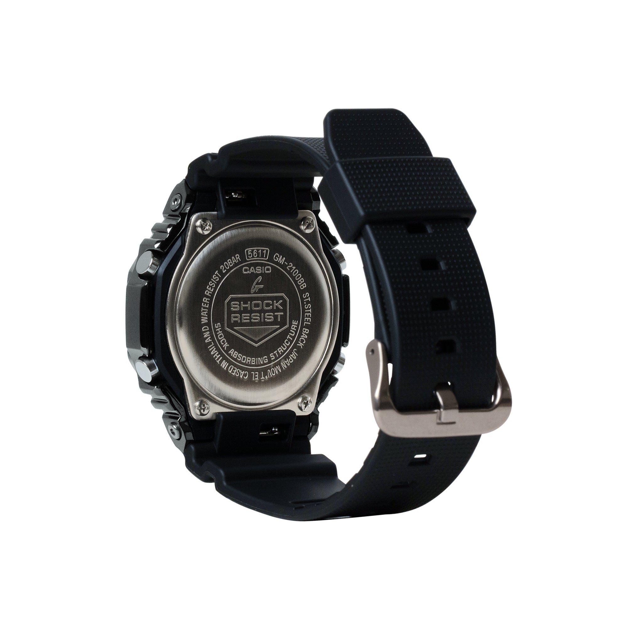 Black digital watch with stainless steel case, resin band, and metal buckle displayed from side angle.