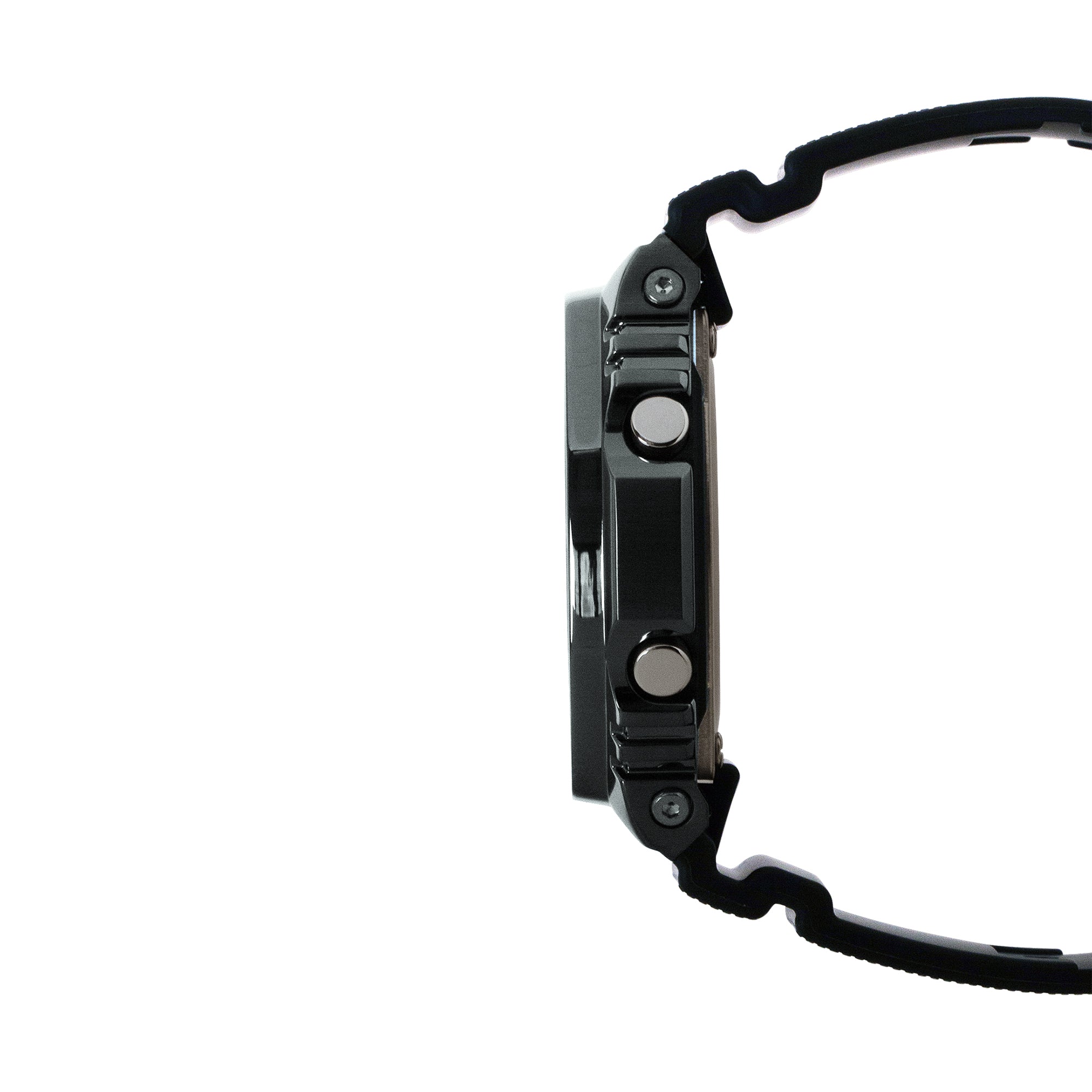 Black digital watch with stainless steel case, resin band, and multiple buttons on side profile.