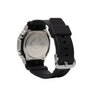 Silver stainless steel G-Shock watch with black resin band and silver buckle, shown from back case view.