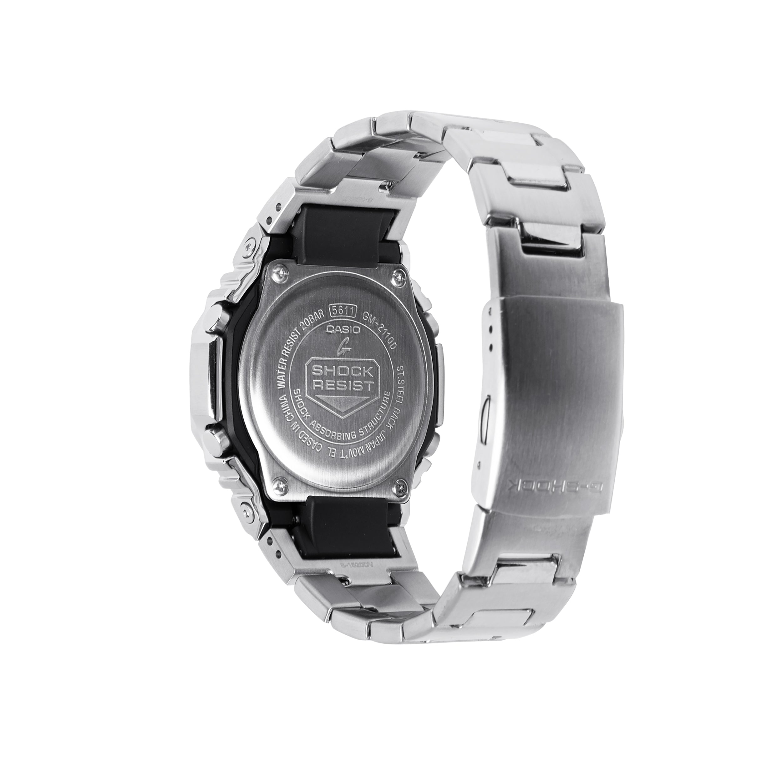 Digital watch with silver stainless steel band and black resin case, shown from the back displaying shock resist text.