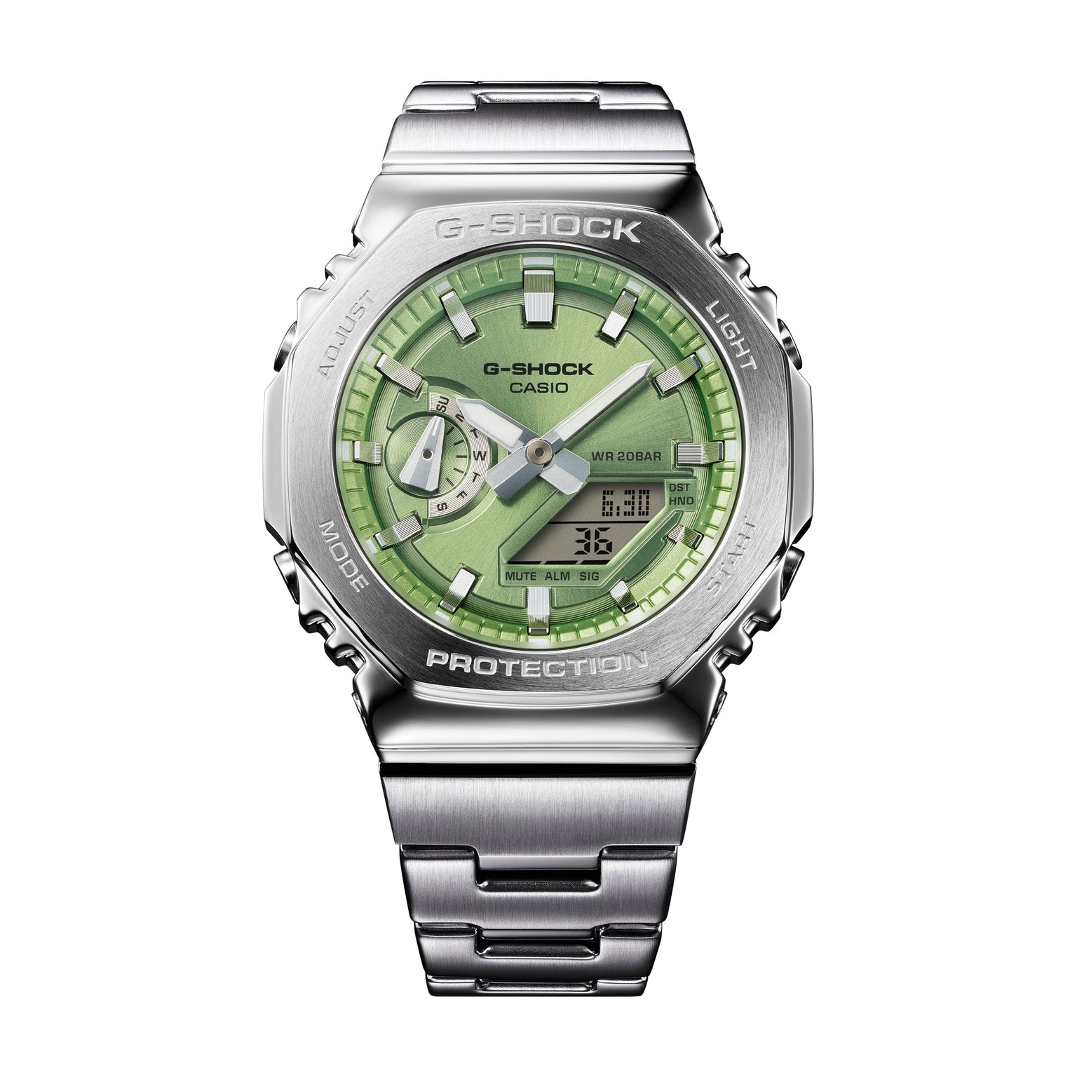 Silver stainless steel G-Shock watch with green dial, analog and digital display, and metal bracelet.