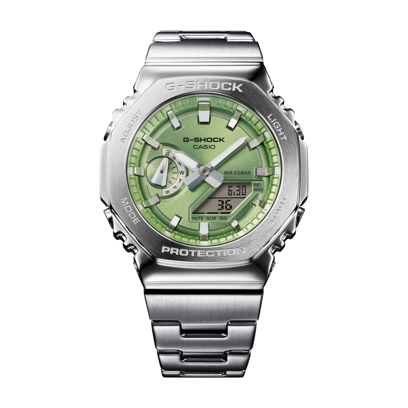 Silver stainless steel G-Shock watch with green dial, analog and digital display, and metal bracelet.