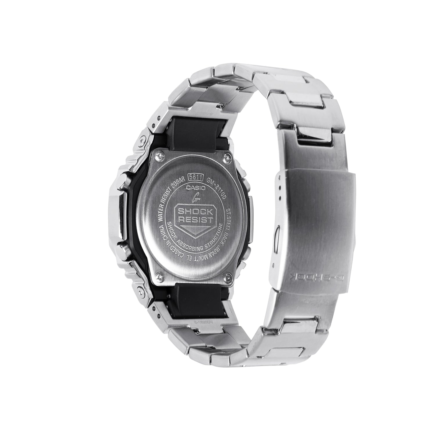 Silver and black G-Shock digital watch with stainless steel band and resin bezel shown from back view.