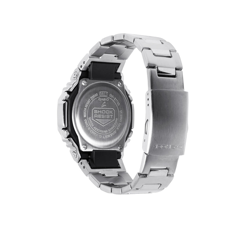 Silver and black G-Shock digital watch with stainless steel band and resin bezel shown from back view.