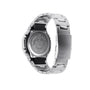 Silver and black G-Shock digital watch with stainless steel band and resin bezel shown from back view.