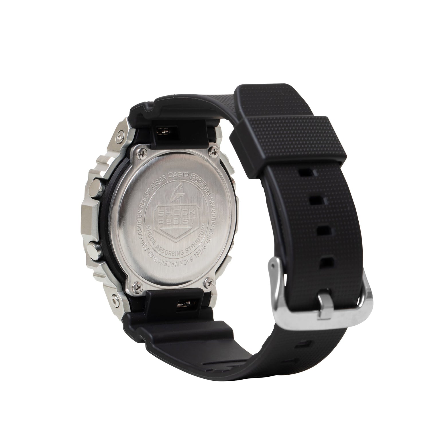 Silver stainless steel and black resin digital watch with textured band and metal case back visible.