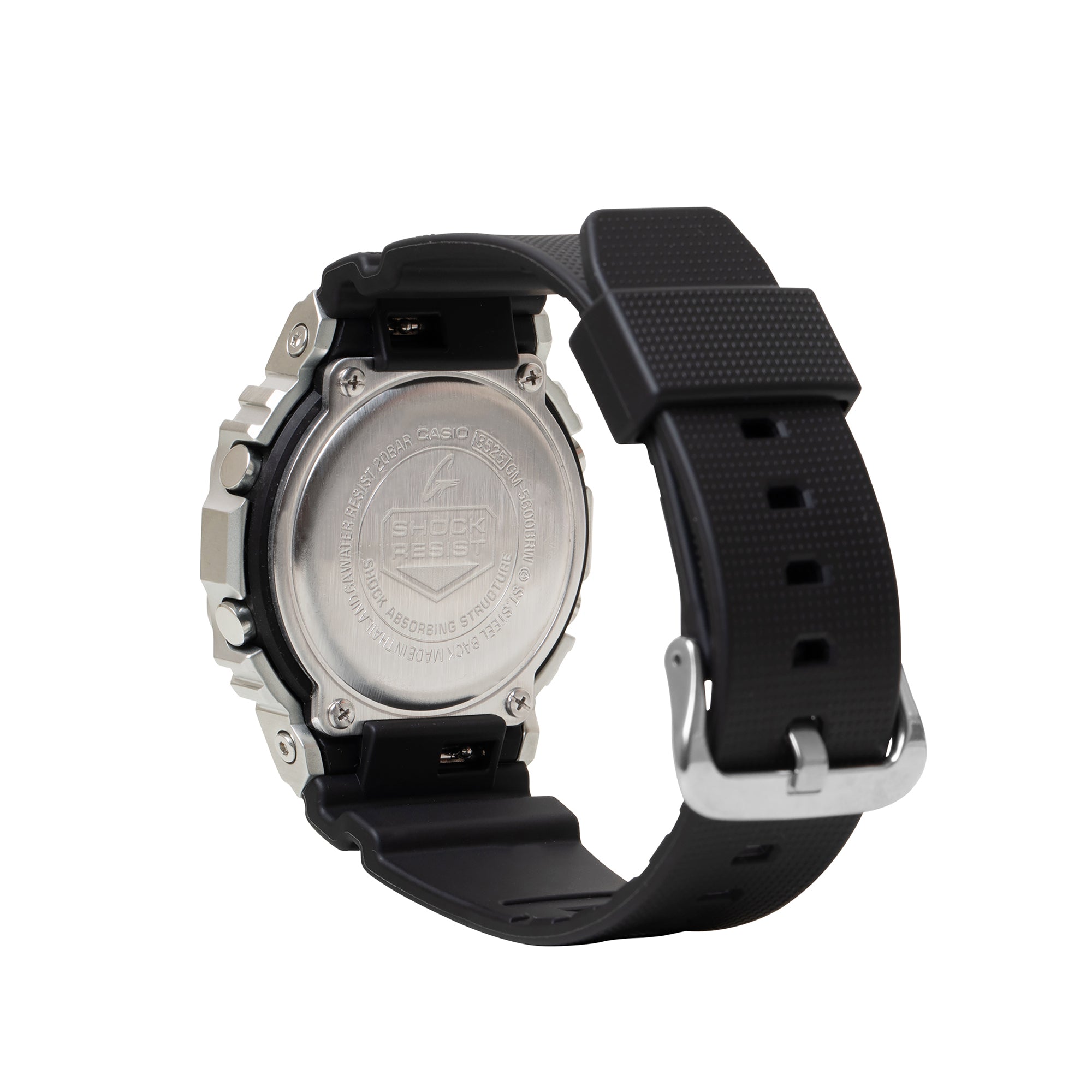 Silver stainless steel and black resin digital watch with textured band and metal case back visible.
