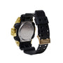 Digital watch with black resin band, gold and silver-tone stainless steel case, and square face shown from back view.