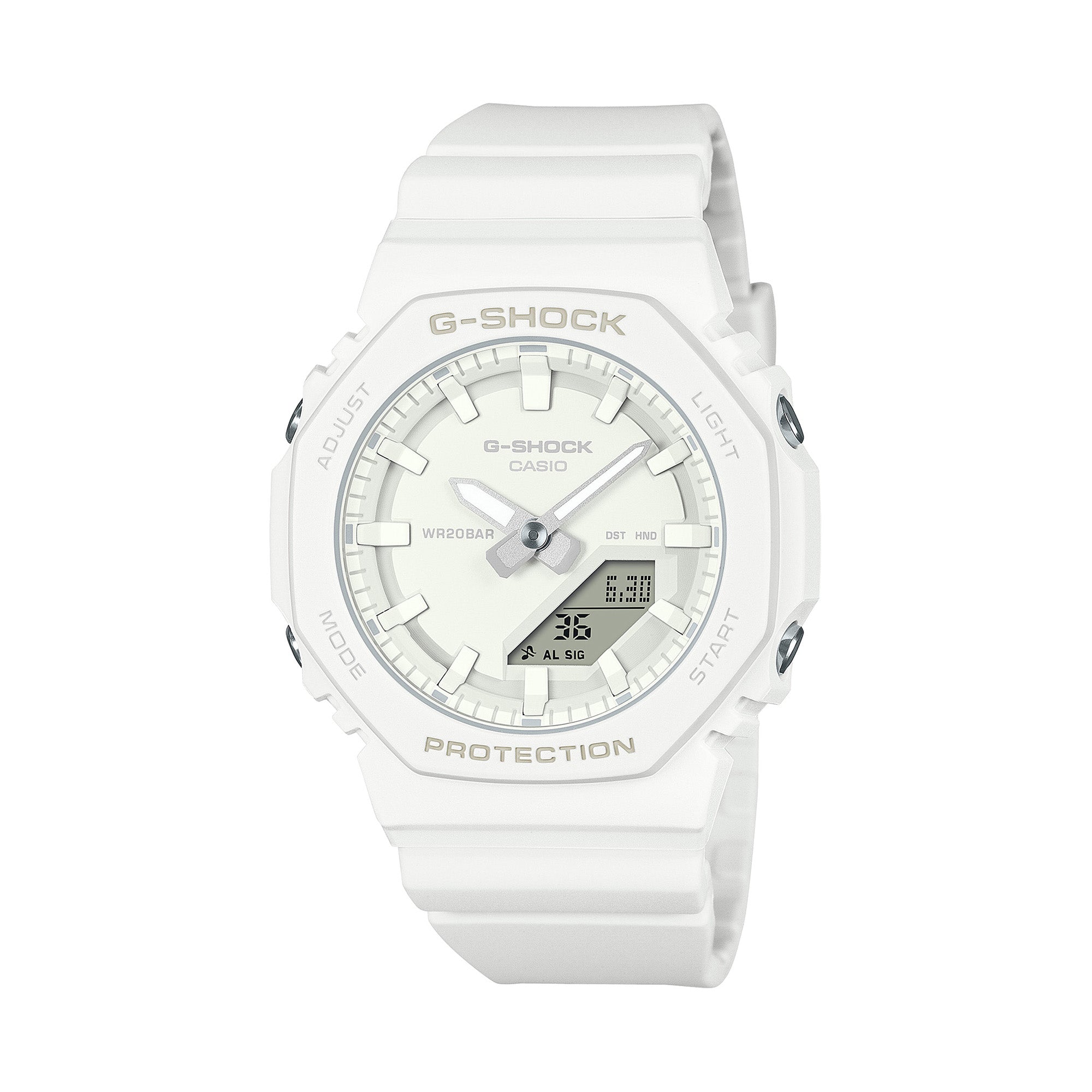 White G-Shock watch with analog and digital display, resin band, and octagonal case.
