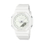 White G-Shock watch with analog and digital display, resin band, and octagonal case.
