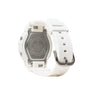 White resin digital watch with gray stainless steel case back and white band shown from rear view.