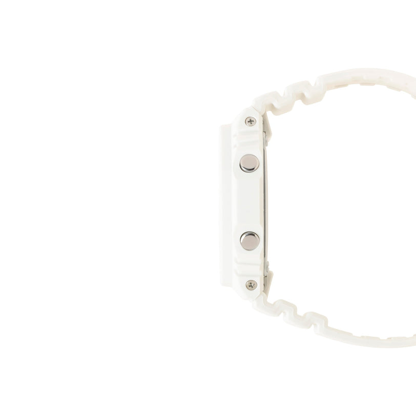White resin digital watch with metallic buttons and textured band, shown from the side.