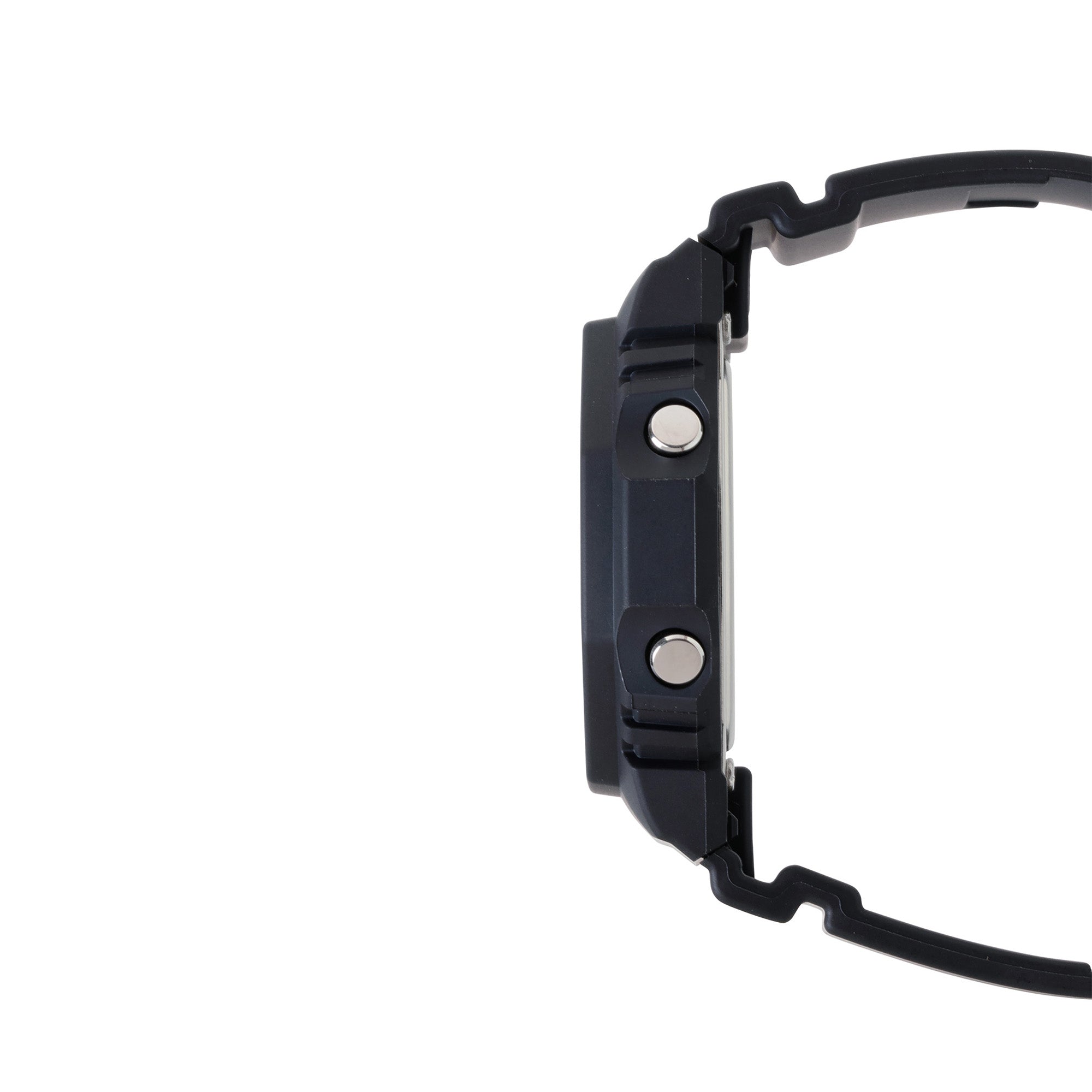 Black resin watch with square case, metal studs, and black band shown from side view.