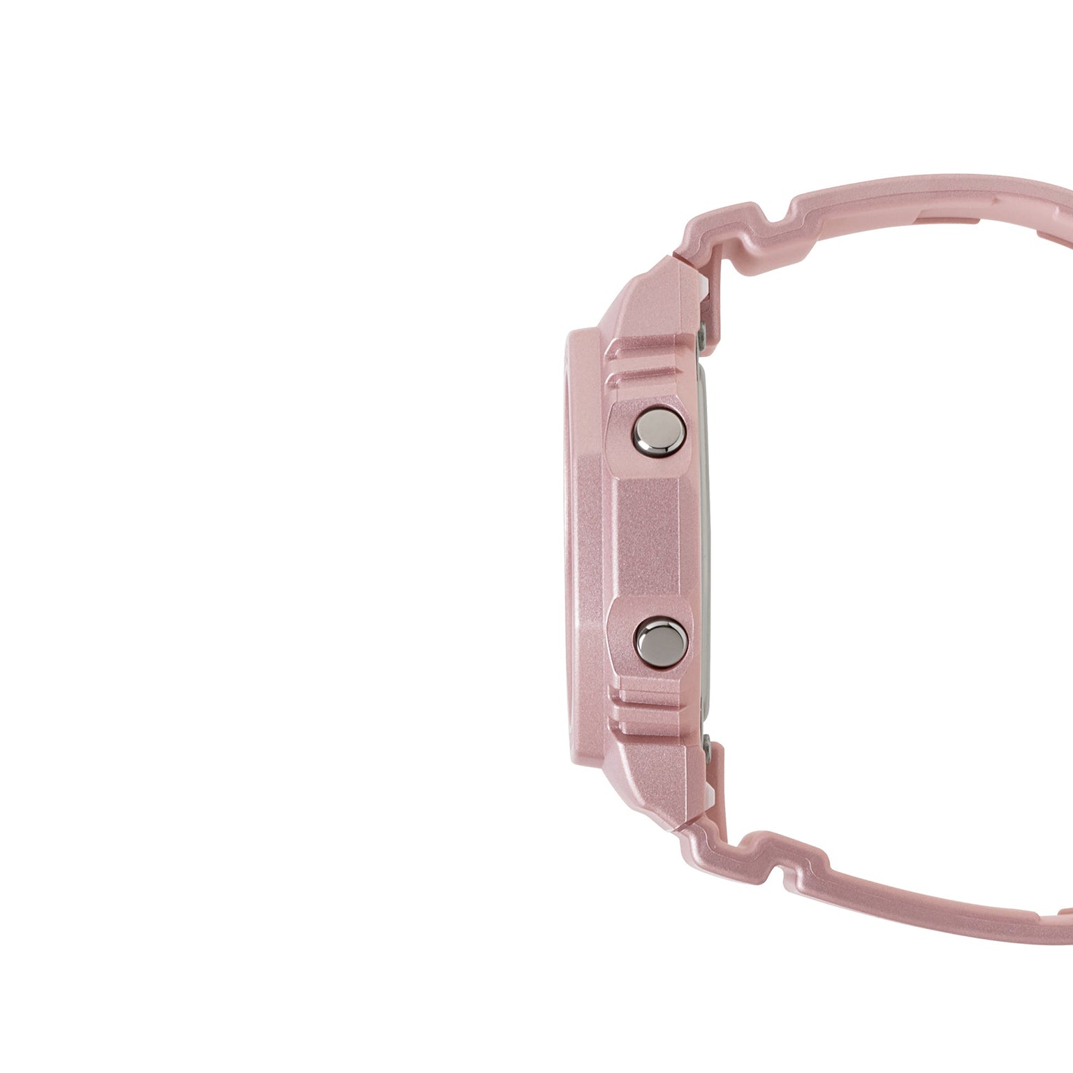 Pink resin digital watch with rectangular face and two side buttons.