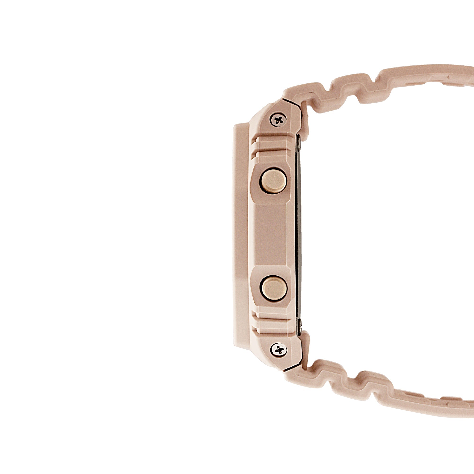 Pink resin digital watch with square face and textured band shown from the side.