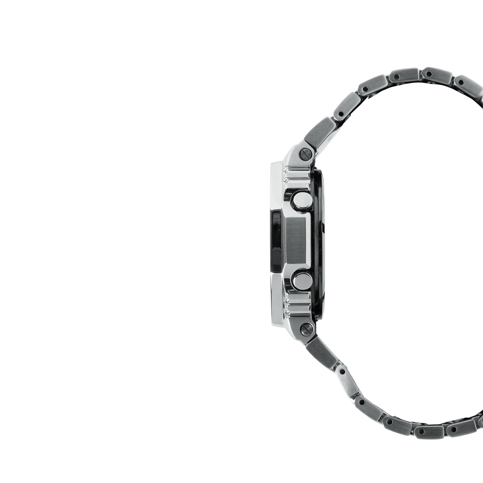 Silver stainless steel digital watch with rectangular face and metal bracelet band shown from the side.