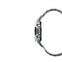 Silver stainless steel digital watch with rectangular face and metal bracelet band shown from the side.