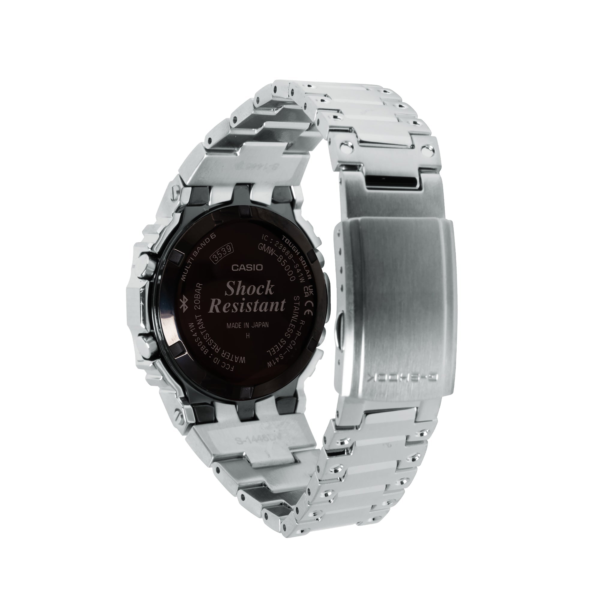 Silver stainless steel digital watch with black dial, square face, and metal link band shown from back view.