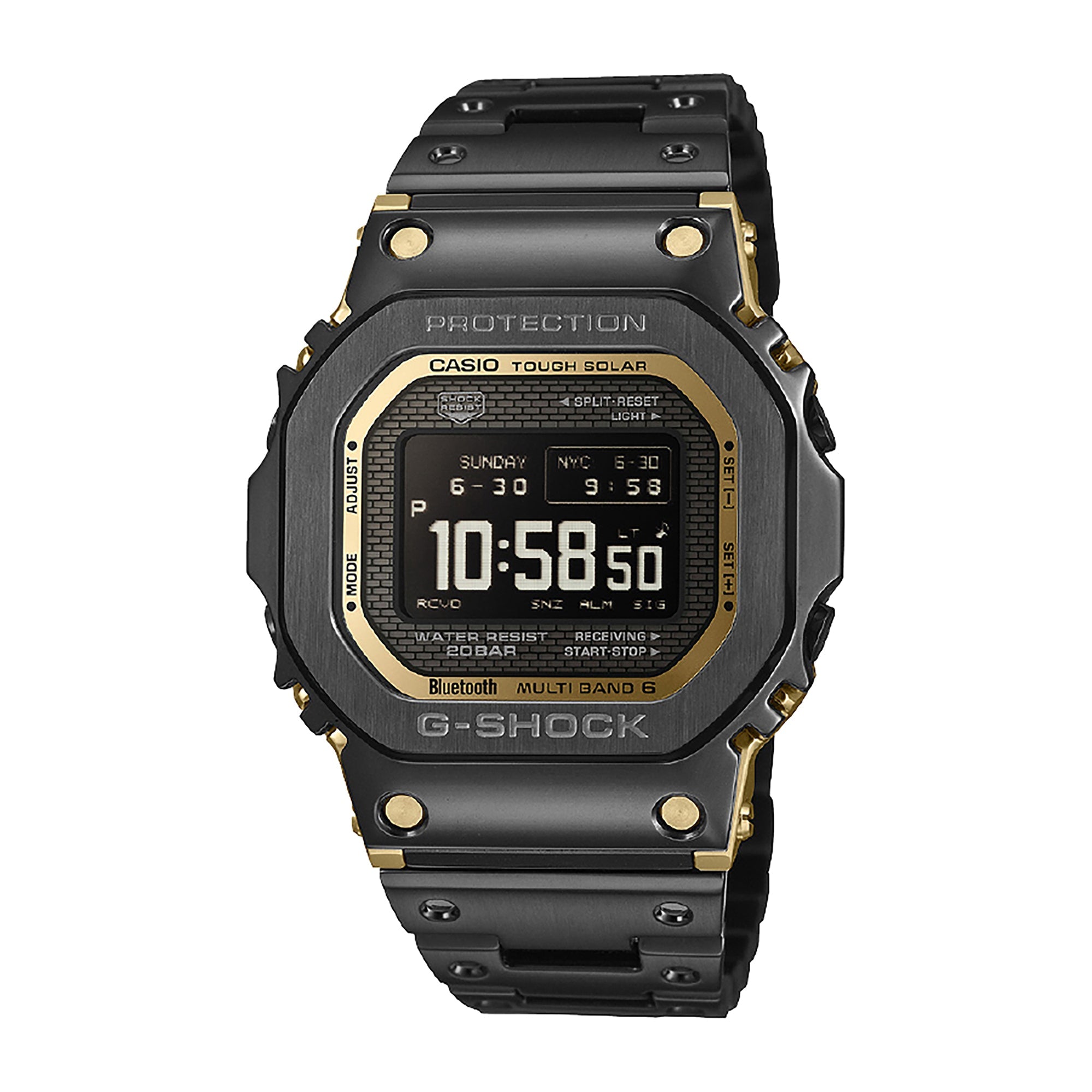 Black stainless steel G-Shock digital watch with gold accents, square face, and metal band displaying time 10:58.