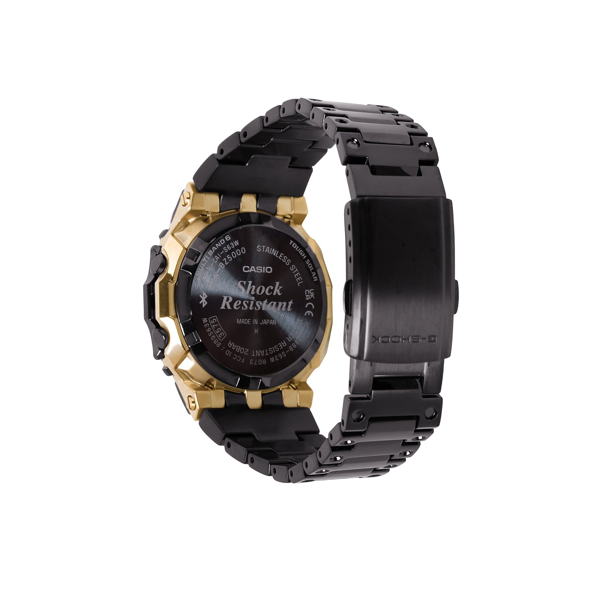 Black and gold stainless steel digital watch with black resin band and shock-resistant design.