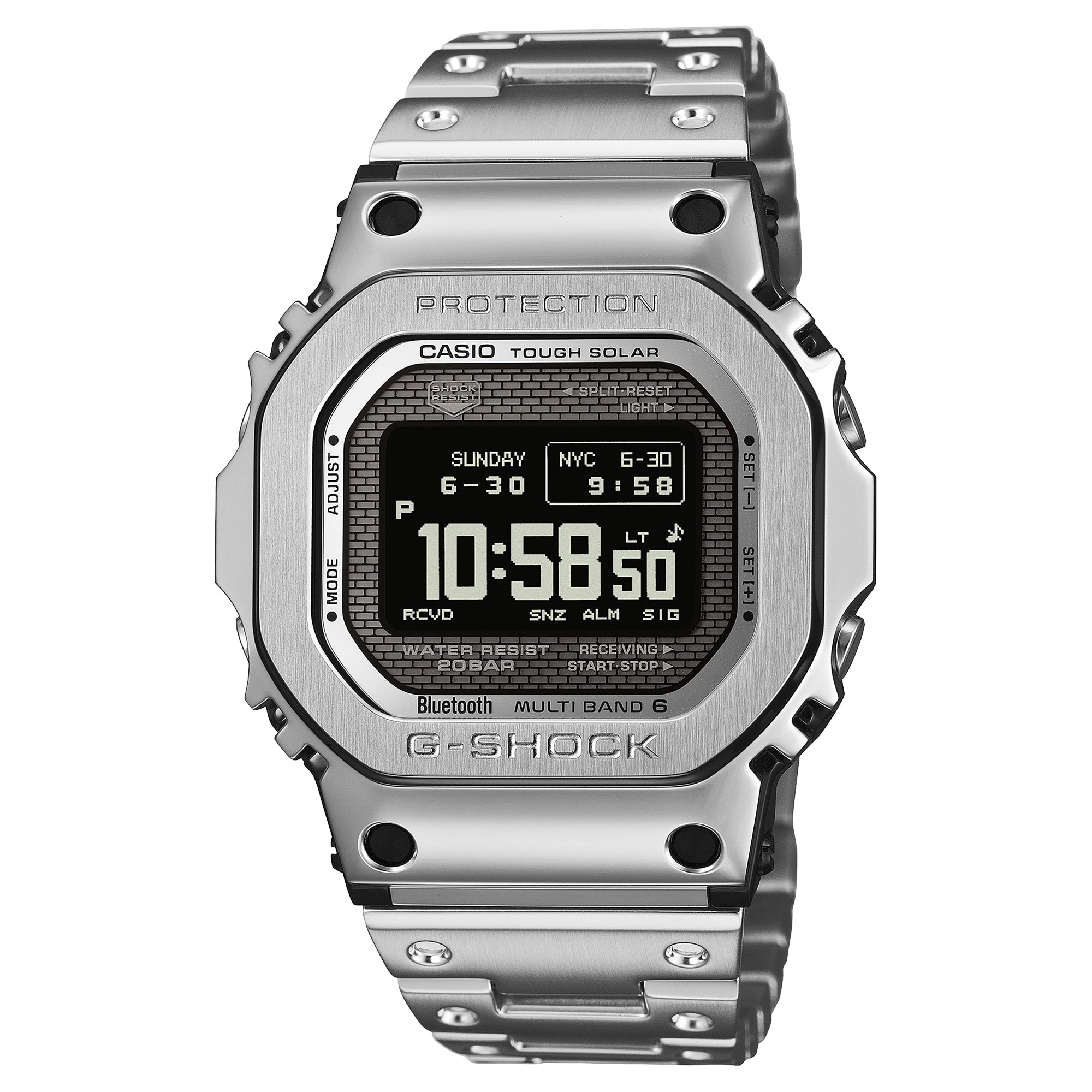 Silver stainless steel G-Shock digital watch with square face, displaying time 10:58, featuring solar power and multi-band co