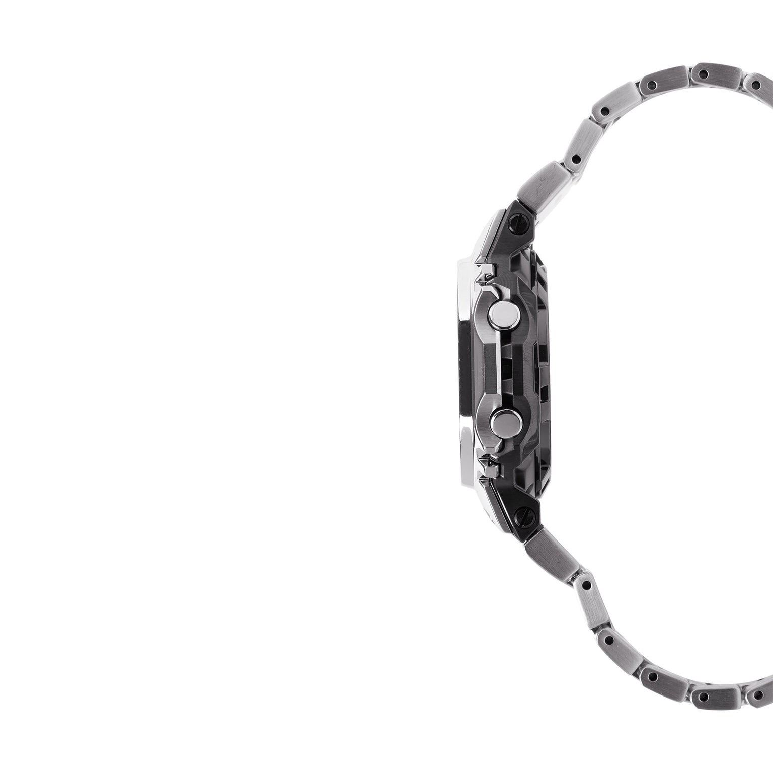 Silver and black stainless steel watch with metal link band and dual subdials on the face, shown from the side.