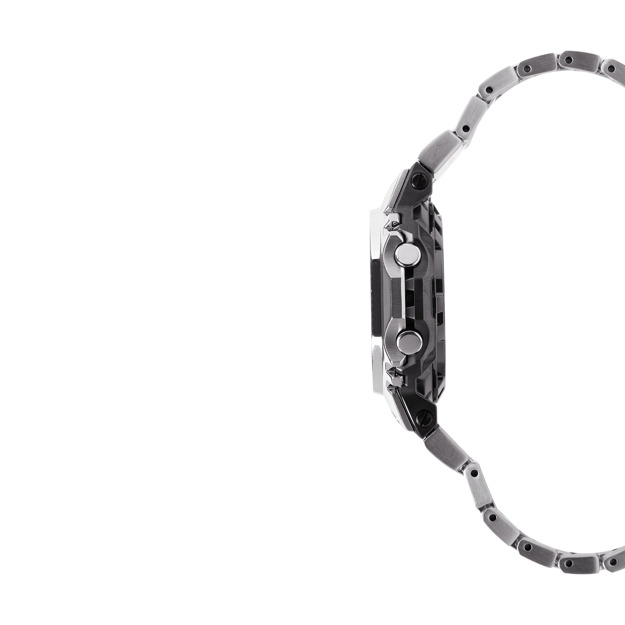 Silver and black stainless steel watch with metal link band and dual subdials on the face, shown from the side.