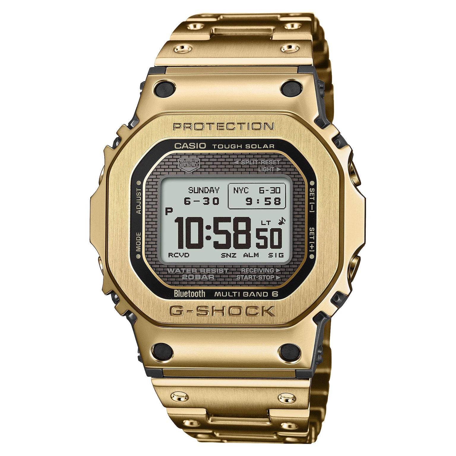 Gold stainless steel G-Shock digital watch with square face, black bezel, and LCD display showing time and date.