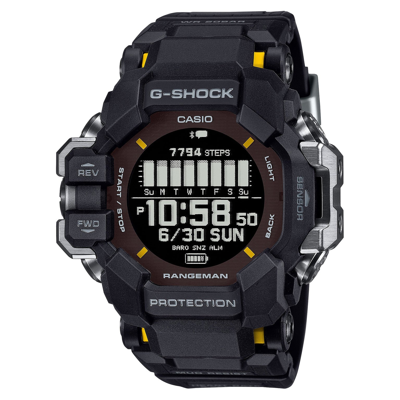 Black Casio G-Shock Rangeman digital watch with brown dial, yellow accents, and resin band displaying time and step counter.