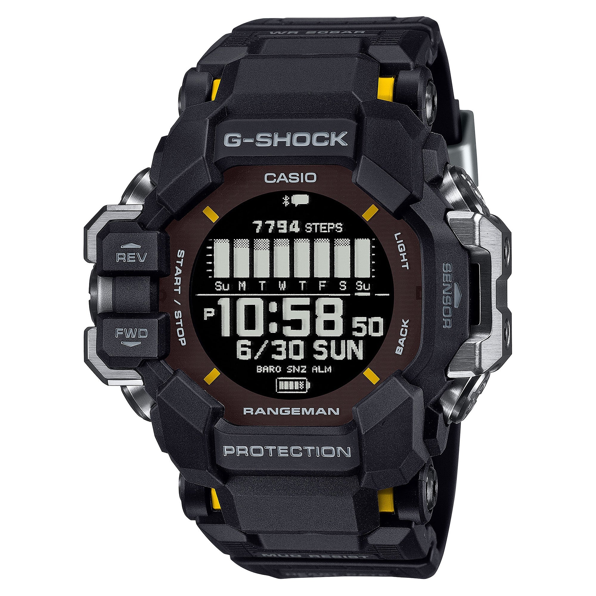 Black Casio G-Shock Rangeman digital watch with brown dial, yellow accents, and resin band displaying time and step counter.
