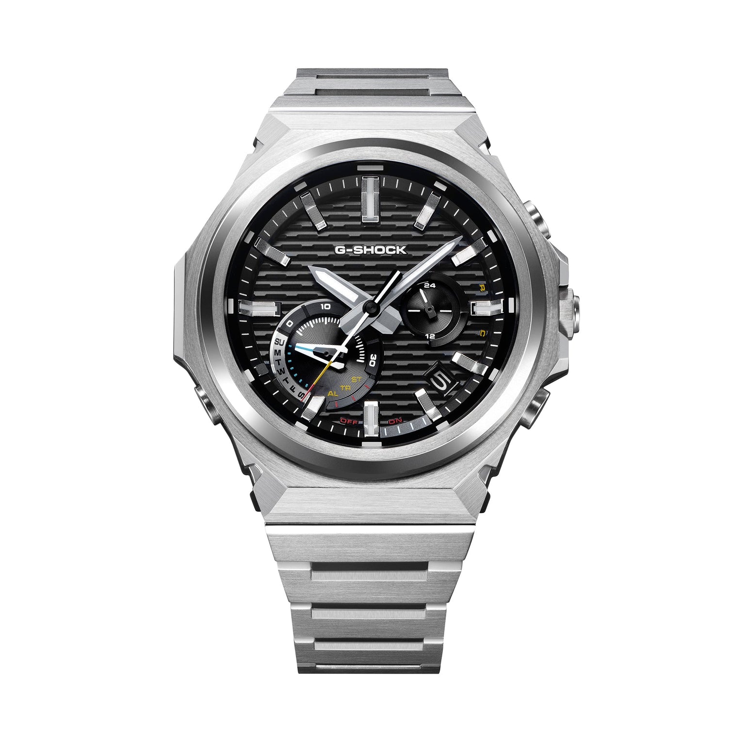 G-Shock solar watch with stainless steel case, black dial with textured surface, and matching metal band.