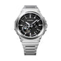 G-Shock solar watch with stainless steel case, black dial with textured surface, and matching metal band.