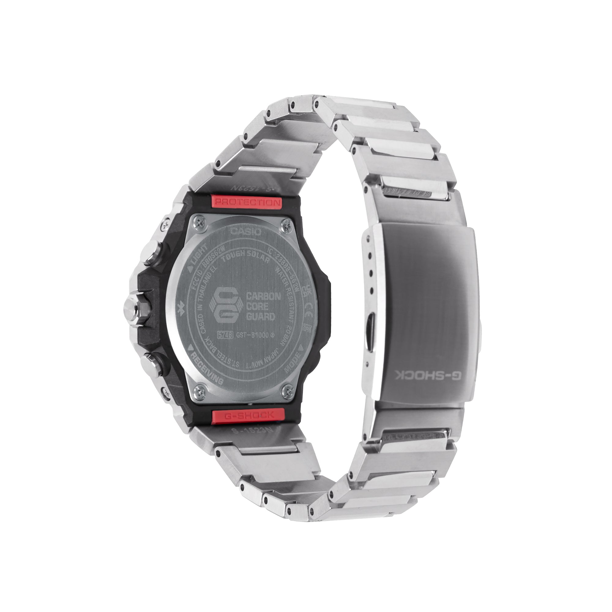 Digital watch with black bezel, red accents, silver stainless steel band, and carbon core guard on back case.