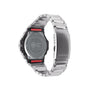 Digital watch with black bezel, red accents, silver stainless steel band, and carbon core guard on back case.