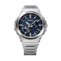 G-Shock stainless steel watch with blue dial, silver case, octagonal bezel, and metal band.