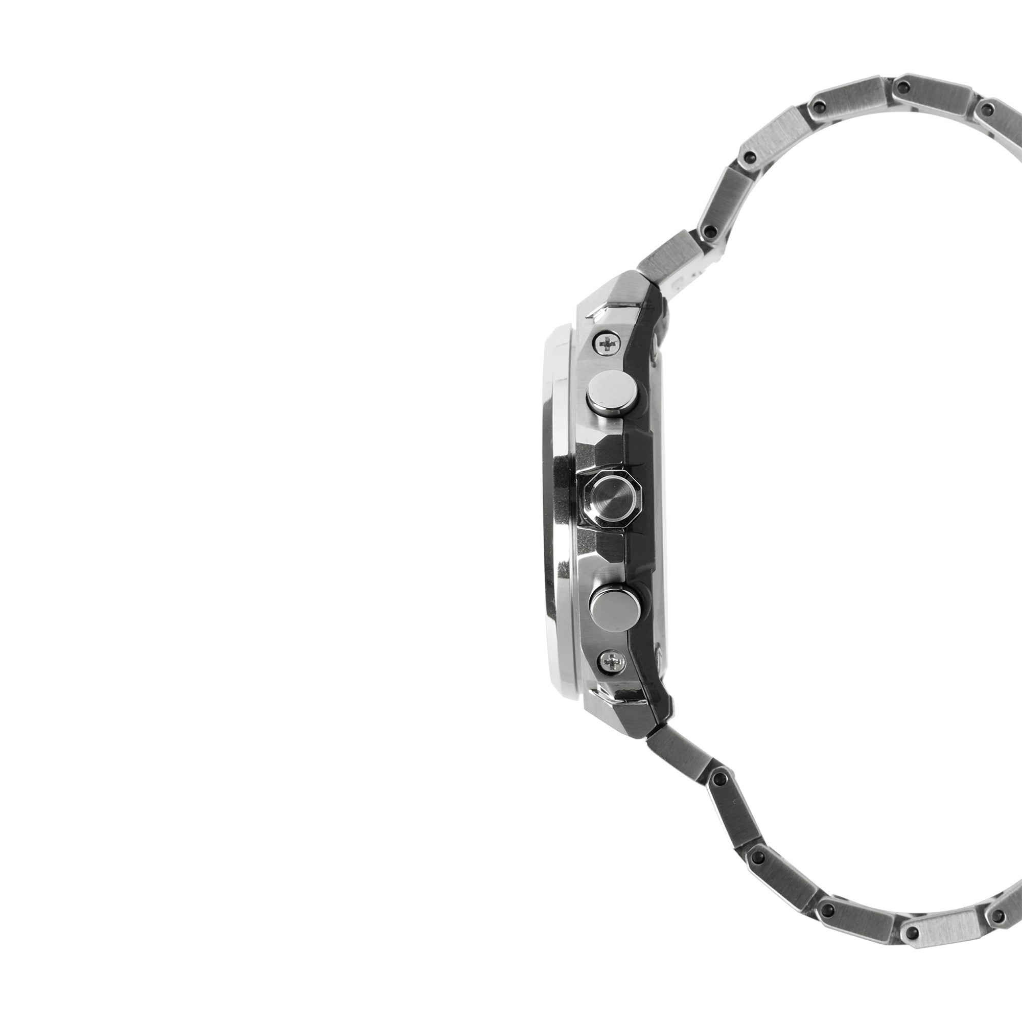 Silver and black stainless steel digital watch with metal band shown from the side.