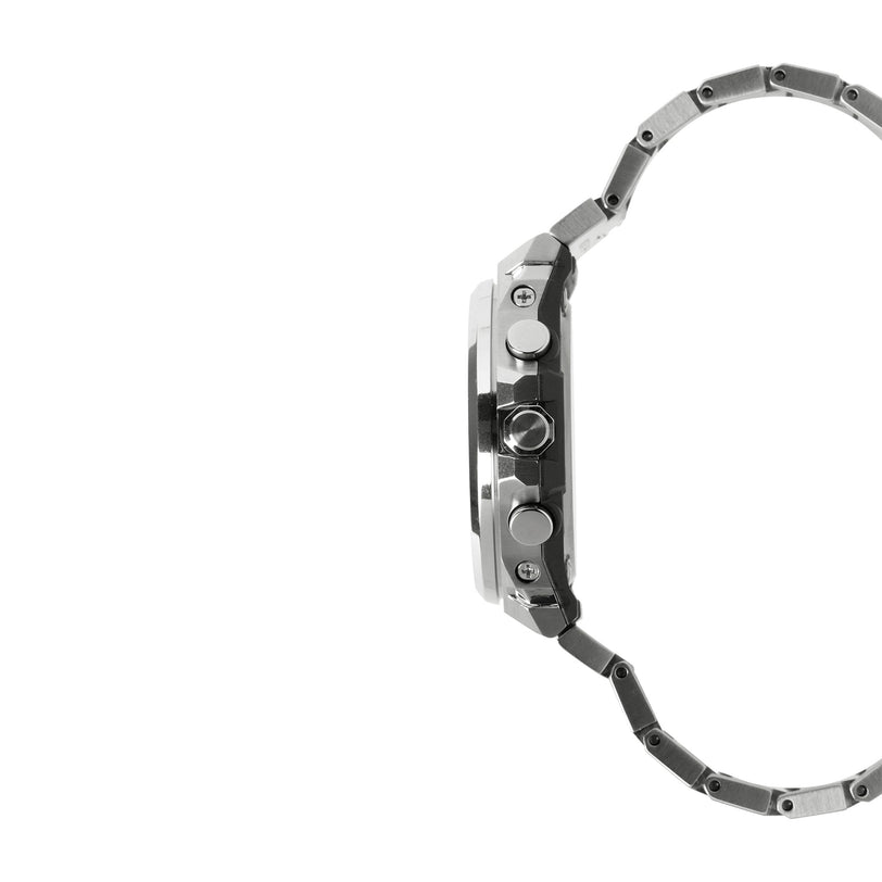 Silver and black stainless steel digital watch with metal band shown from the side.